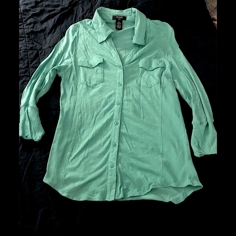 Large mint green stretch cotton button up top